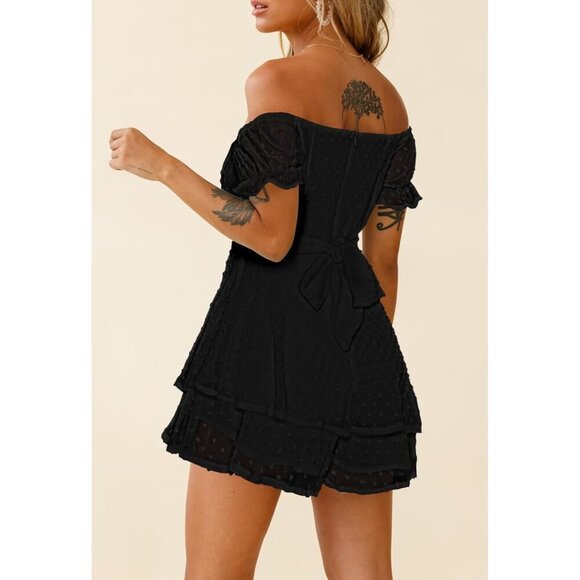 Women Black Boho Romper Off Shoulder Ruffle Chiffon Shorts Jumpsuit Playsuits - Picture 4 of 6